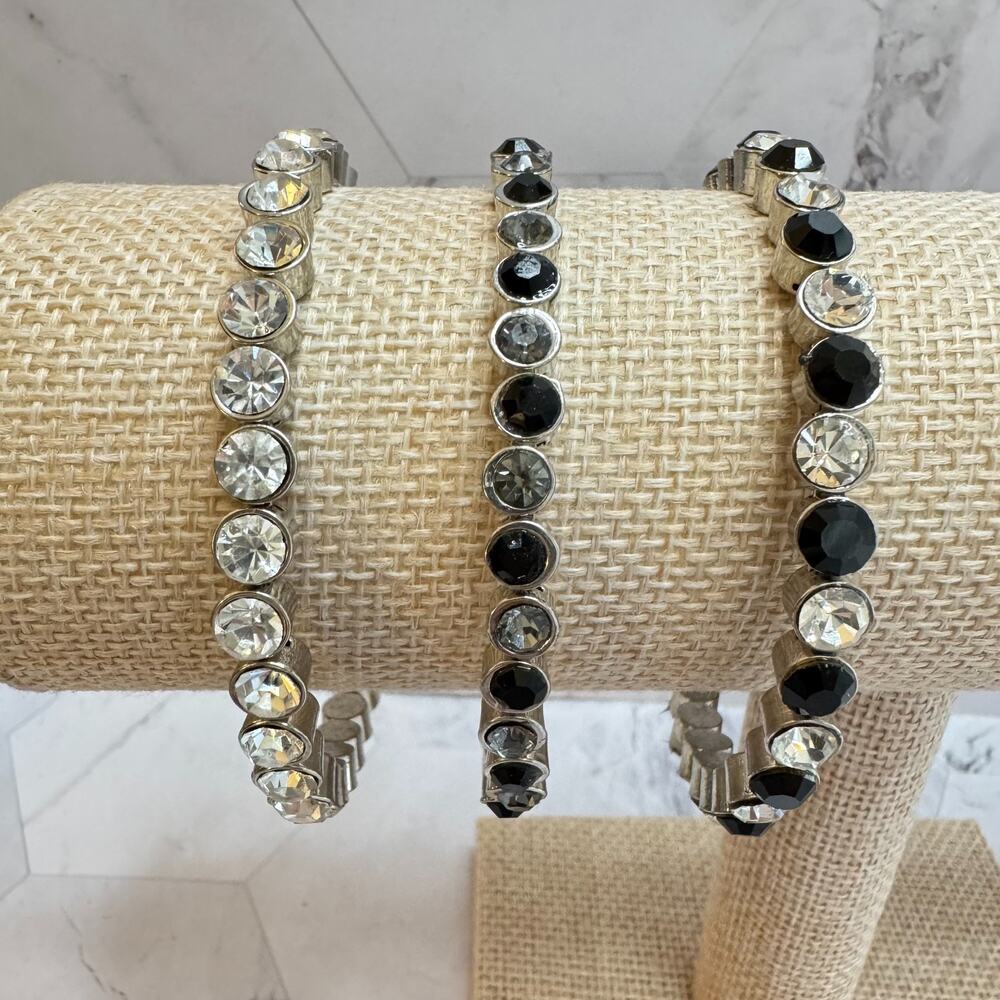 3 Rhinestone Bangle Bracelets Black Clear Silver Tone Magnetic Clasp